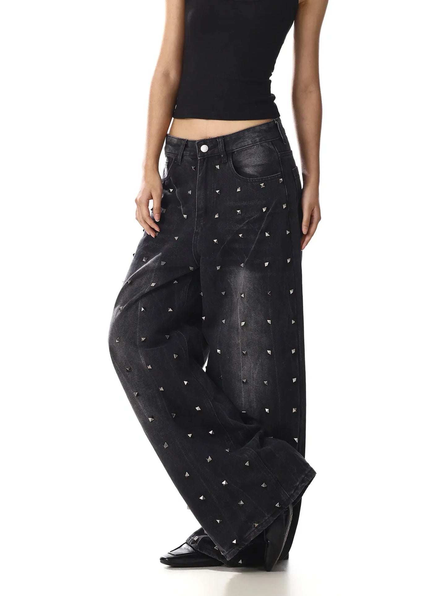 Women Black Rivet Heavy Duty Jeans New American Retro Design Niche Loose Wide Leg Denim Pants Streetwear Baggy Trousers