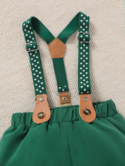 Baby Boy Summer Outfit 2-Piece Set Cartoon Dinosaur Print Polo Short Sleeve Romper with Fashionable Cute Overalls