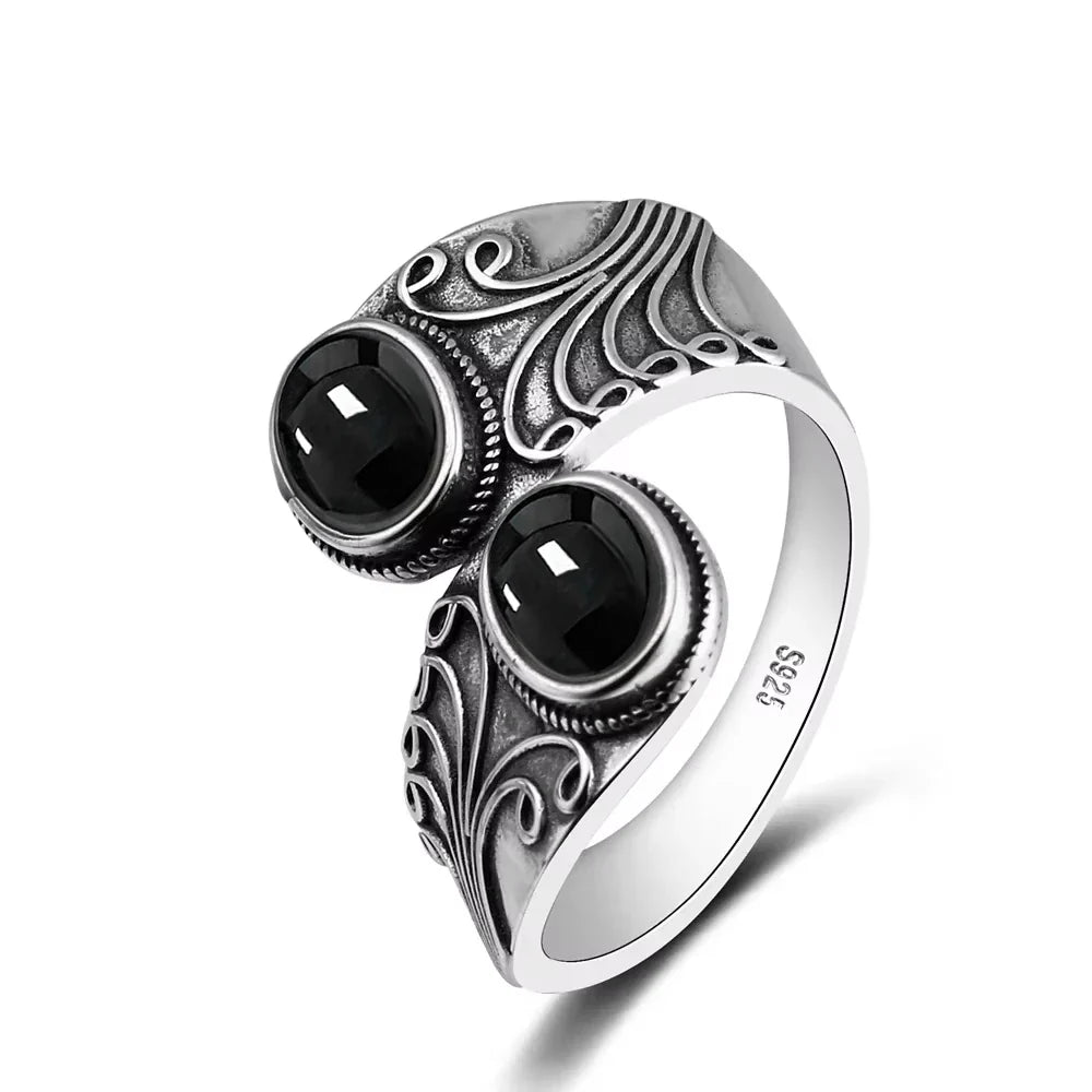925 Vintage Silver Ring with Natural Moonstone 6*8mm Adjustable Rings Flower Bohemia Style Fine Jewelry for Women