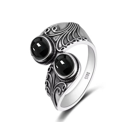 925 Vintage Silver Ring with Natural Moonstone 6*8mm Adjustable Rings Flower Bohemia Style Fine Jewelry for Women