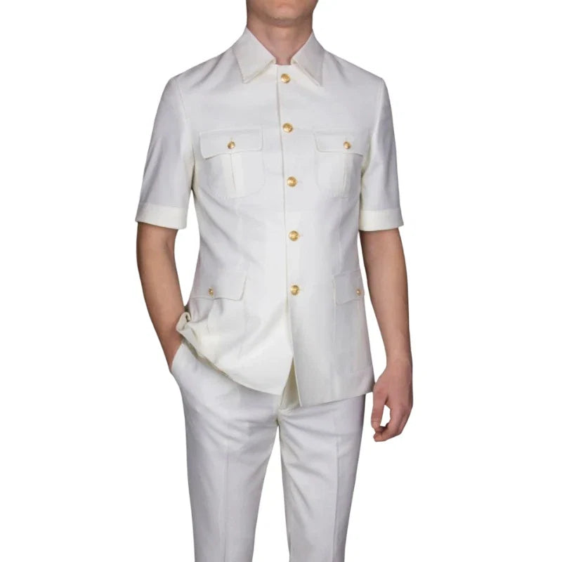 Safari Men Suits with Short Sleeves for Prom Party 2 Pieces Chinese Fashion Style Outdoors Costumes Suit Set Custom Made