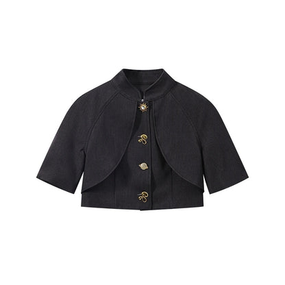 Fashion Women Pant Set Fashion Stand Collar Single Breasted Short Sleeve Cropped Coat And Lace Up Wide Leg Pant Casual Outwear
