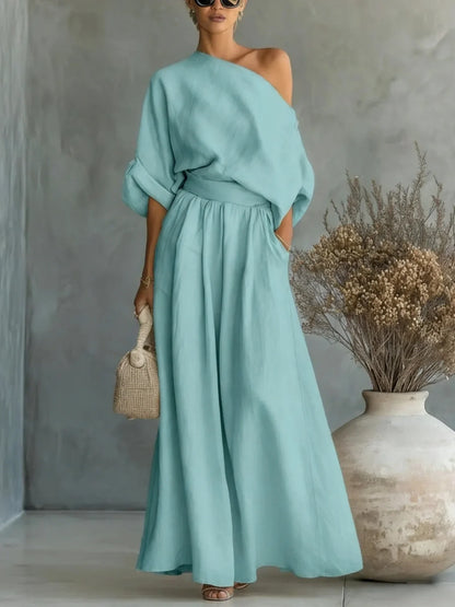 2026 Elegant Two-piece Short Sleeve Top & Casual Pants Set Woman Sexy Slash Neck Solid Suit Outfit Spring Fall Female Clothing