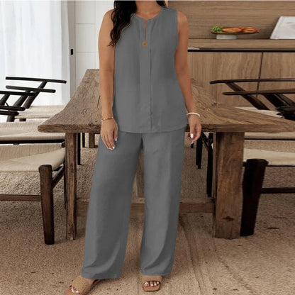 Summer O Neck Button Vest Shirt Wide Leg Pants Suit Women Casual Two Piece Set Solid Color Comfortable Holiday Outfits White