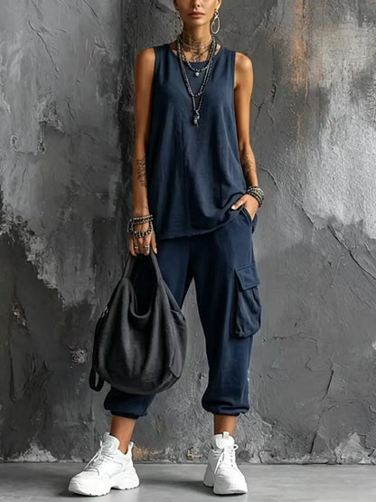 Boho Vacation Summer Sport Outfits Woman O Neck Sleeveless Top Big Pocket Capri Pants Sets Spring Casual Loose Suit Harajuku