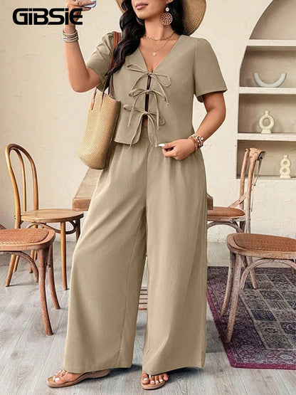 GIBSIE Plus Size Khaki V-neck Short Sleeve Lace Up Top Casual Vacation Wide Leg Pants Women Summer Two Piece Set Female Outfit