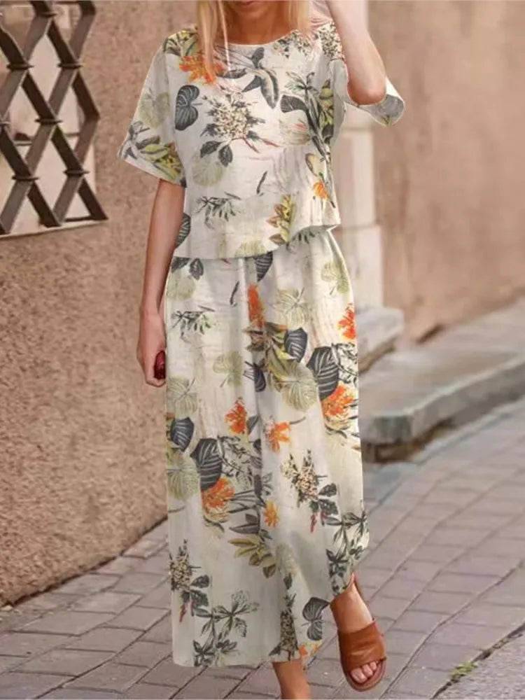 Autumn New Women's Fashion Printed Cotton Linen Plant Flower Three Sleeve Short Sleeved Casual Nine Piece Pants Two-piece Set