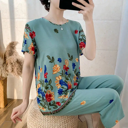 2024 Summer Women Cotton Linen Short Sleeve Set Large Size Middle-aged Mother Floral Print Clothes New Two-piece Suit 5XL G45