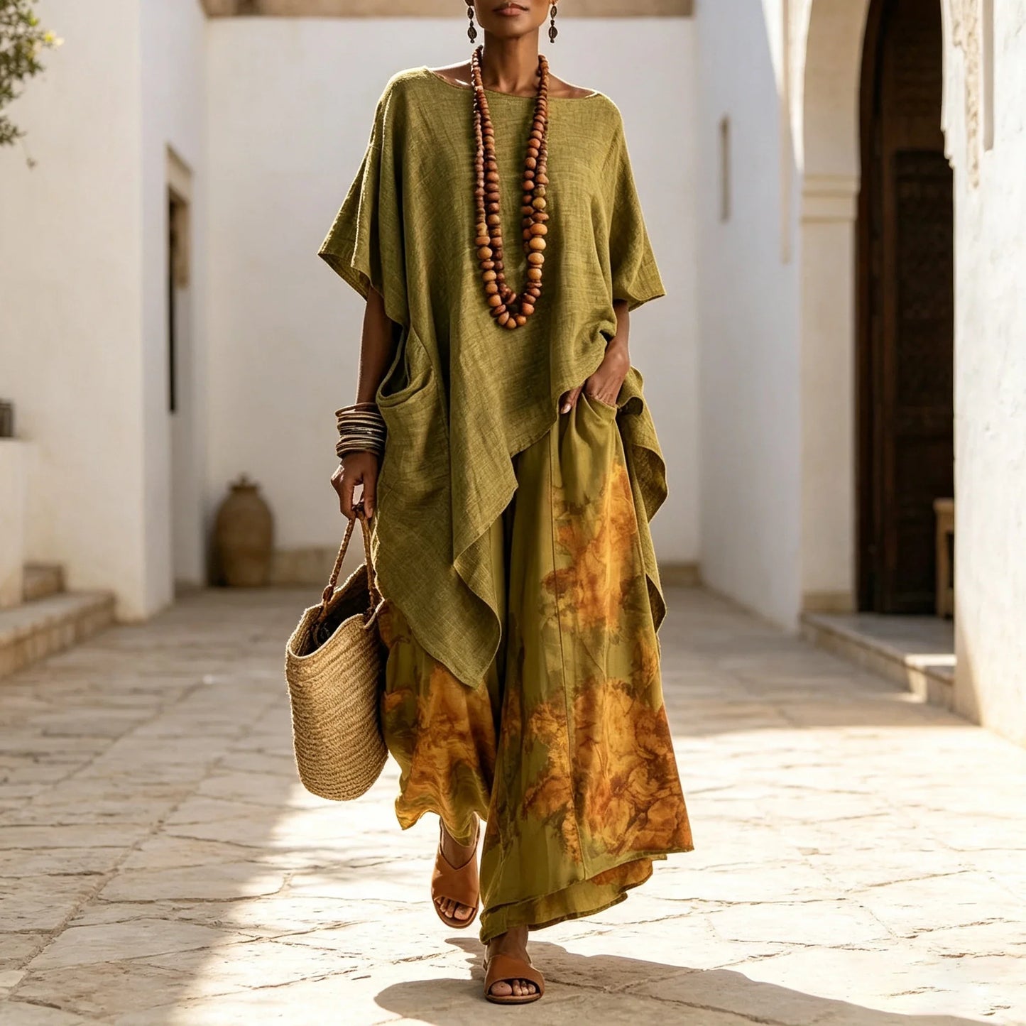 Two Piece Set Loose O-neck Batwing Short Sleeve Irregular Solid Color Extended Top Printed Wide Leg Pants Suit Fashion Matching