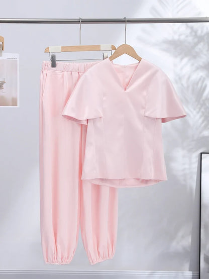 Elegant Women's Top Pant Sets Summer V-neck Short Sleeve Top High Waist Wide Leg Pant Female Suit 2026 Fashion Lady Suits