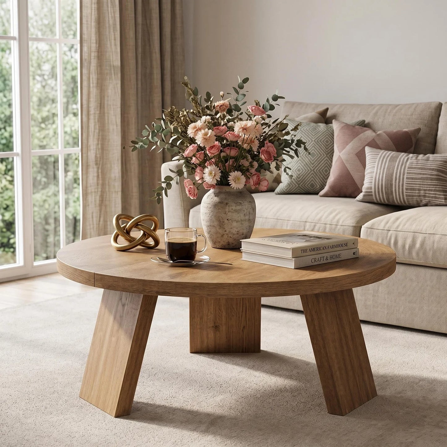 33.5 Inch Round Coffee Table For Living Room, Modern Center Table With Wood Grain Top and Angled Legs For Apartment