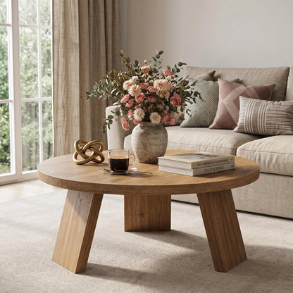 33.5 Inch Round Coffee Table For Living Room, Modern Center Table With Wood Grain Top and Angled Legs For Apartment