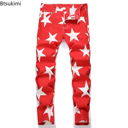2026 New Fashion Men Clothing Stars Print Jeans Y2K Fancy Color Stretch Cotton Denim Pants Spring Trendy Slim Straight Trousers