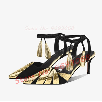 Golden Leaves Wrapped Heeled Sandals Women Fashion Metallic Leather Pointed Toe Shoes Sexy Two Tone Lace Up Fringes Sandals