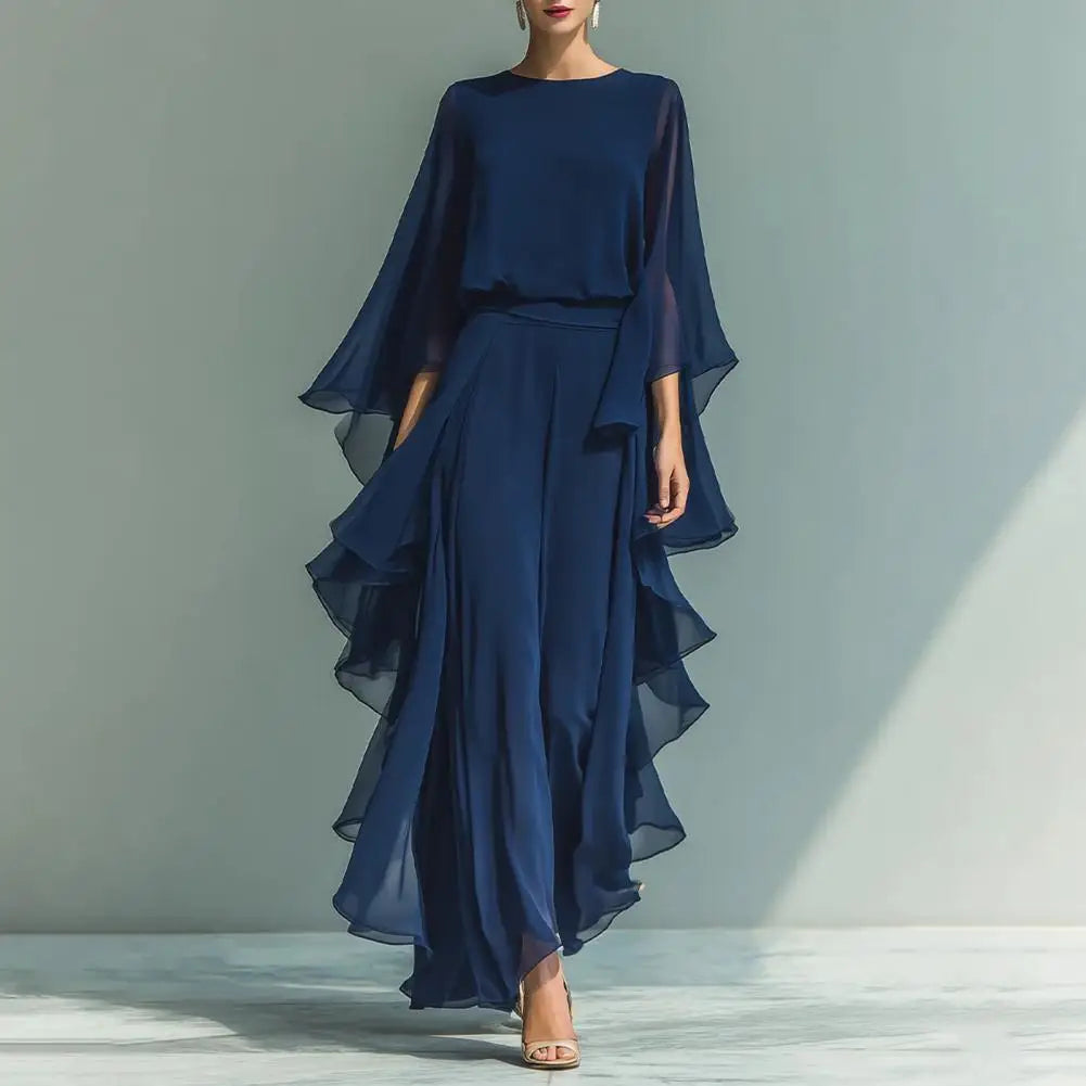 Women Top Pants Two-Piece Set Summer Loose Fit Casual Ruffle Bell Sleeve Shirt Solid Color Wide Legs Pants Trousers