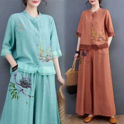 Ethnic style Pant Suit Women's Ramie Upper Garment Summer Cotton Linen Cardigan Embroidery Mother's Loose Two-Piece Set Female