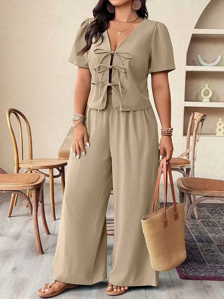 GIBSIE Plus Size Khaki V-neck Short Sleeve Lace Up Top Casual Vacation Wide Leg Pants Women Summer Two Piece Set Female Outfit