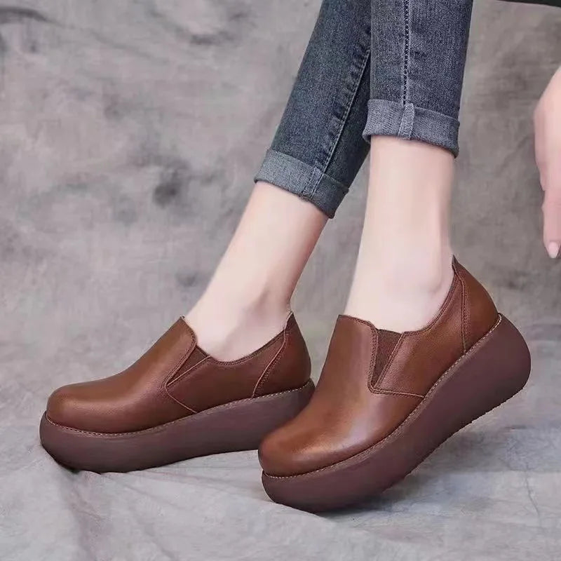 Sneakers Platform Women Shoes 2025 New Flat Wedges Fashion Round Toe Slip on Shoes for Women Leather Work Shoes Heighten Loafers