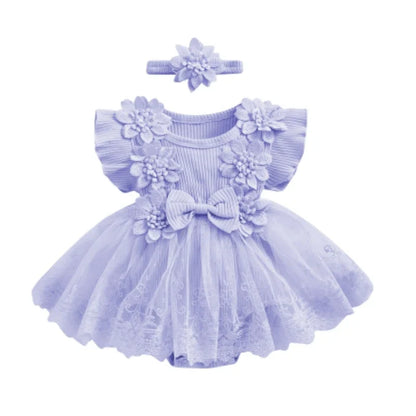 3D Flower Summer Baby Girls Romper Princess Mesh Newborn Clothes Lace Patchwork Ruffle Bodysuit Dress Headband Kids Clothing