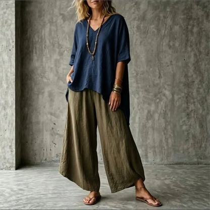 Summer New Loose Retro Short-sleeved T-shirt Trousers 2-piece Set Women's Fashion Irregular Top + Wide-leg Trousers Set Female