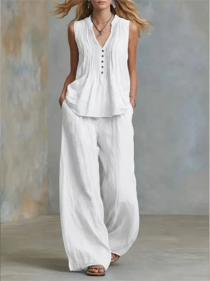 Fashion Pleated V-neck Sleeveless Women's Tops 2-piece Summer Casual Loose Wide-leg Trousers Female Elegant Office Trousers Set