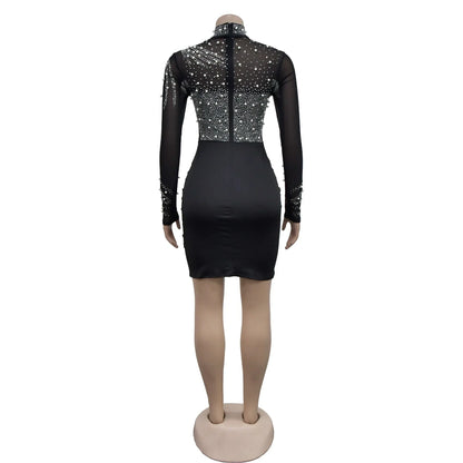 CM.YAYA Women Long Sleeve Mesh Diamonds Hot Rhinestones Mini Dress 2024 Summer Evenning Sexy Party Night Club Dresses Vestidos