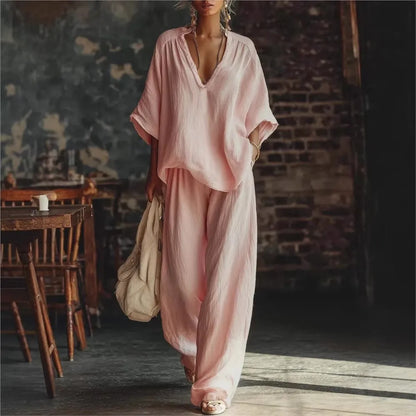 Fashion V-neck Short-sleeved Loose Top Women's Suit Summer New Casual Retro Female Vacation Lazy Trousers 2-piece Set 2026