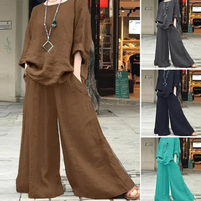 Casual Cotton Linen Set Women's O Neck Long Sleeve Blouses Wide Leg Pants Culottes 2piece Sets Autumn Retro Loose Female Suit