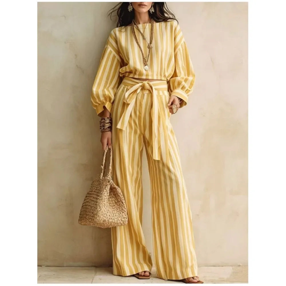 Women New Striped Long-sleeved Shirts Trousers 2piece Set Fashion Casual Ultra-short Top Waisted Lace-up Loose Wide-leg Long Set