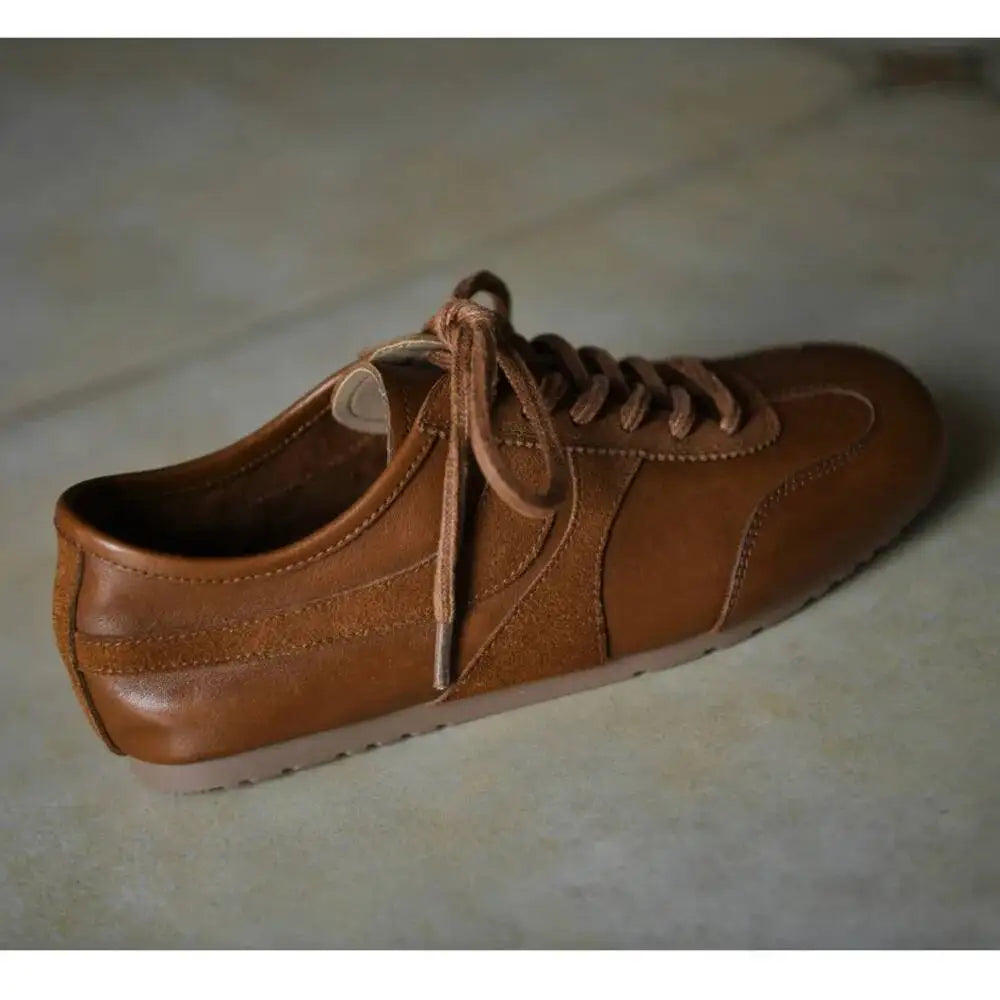 Leather Retro Women's Deqin Shoes Spring Autumn New Style Versatile Square Head Flat Bottom Genuine Leather Sports Shoes