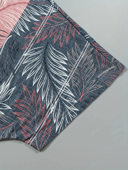 Plus Size Casual Top, Women's Plus Colorblock Leaf Print Short Sleeve Round Neck Tee