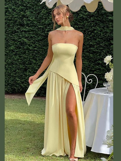 Solid Spliced Ribbon Maxi Dress Women Elegant Strapless Sleeveless Slit Long Dresses 2025 New Summer Holiday Party Lady Vestidos