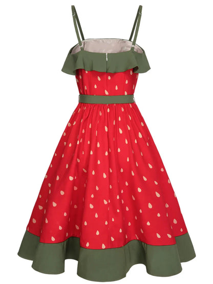 Plus Size Strawberry Print Dress Women's Red Strapless Sundress Green Lace Trim Summer Dress Free Shipping
