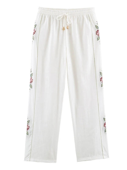 HH Elegant Women's 2026 Floral Embroidered Straight-Leg Pants Spring Autumn Casual Elastic Waist Side Stripe Boho Trousers