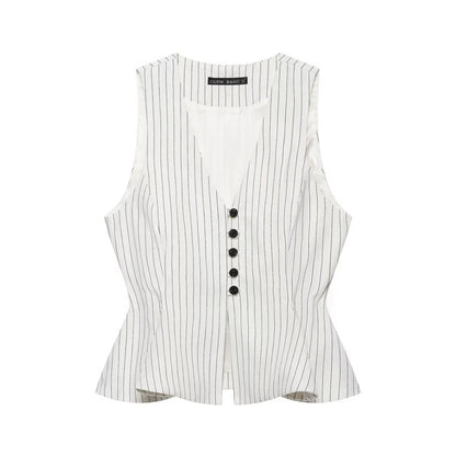 Women Fashion Stripe Sets Sexy Sleeveless Button Fold Hem Top+Wide-Leg Pants Summer Autumn Vacation Leisure New 2 Pieces