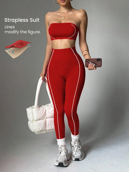 Women Strapless Bandeau Sports Bra Seamless High Waist Yoga Leggings Set Padded Workout Fitness Gym 2 Piece Outfits
