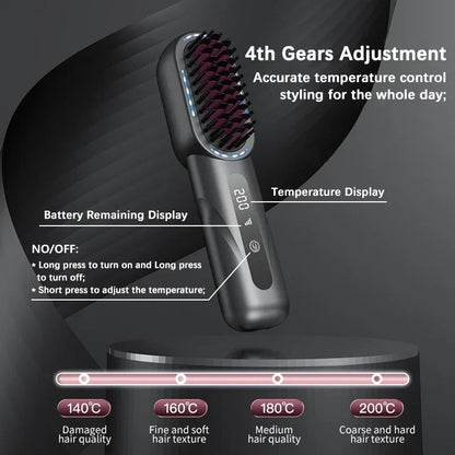 Electric LCD Usb Ceramic Heating Straight Hair Comb Wireless Portable Negative Ion Styling Tool Rechargeable Straightening Brush