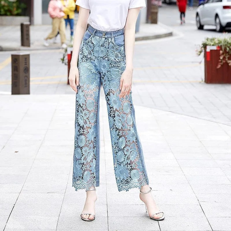Women'sHigh Waist Lace Panel DenimWide Leg Pants with Floral Cutout Design,Summer Breathable Straight LegTrousers for Daily Wear