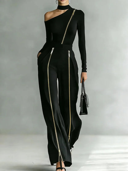Women's Two-piece Slim-fit Long-sleeved Double-zipper Wide-leg Pant 2026 Spring Elegant Fashion Stand-up Collar Solid Color Suit