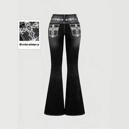 2026Trendy Y2K Style Flare Jeans for Women Dark Wash Skinny Fit with Rhinestone Embroidery Pocket Streetwear Casual Denim