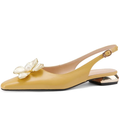 【JOCHEBED HU】Female Flats Shoes Genuine Leather Spring Autumn Women Shoes Metal Flower Pointed Toe Flat Heels Big Size 34-43