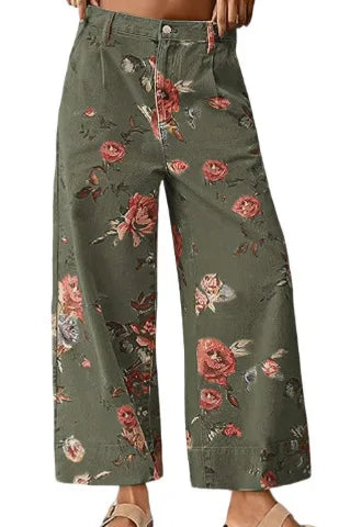 New Spring and Autumn Women's Loose Denim Flower Print Denim Pants Wide-leg Pants