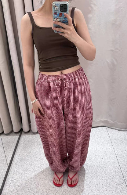 Women's Long Pants 2026 Summer New Style Red Plaid Drawstring Lantern Pants Long Pants Beach Vacation Casual Fashion