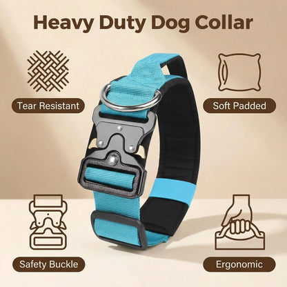Padded Tactical Dog Collar Heavy Duty, Soft Neoprene Adjustable Nylon with Metal Buckle for Large Medium Dogs
