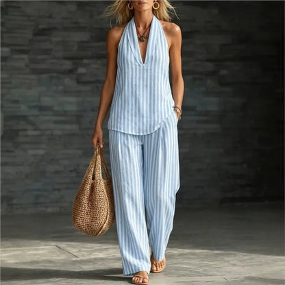 Women's Casual Two-piece Set Spring Summer Striped Wide-leg Pants Halter Top Cotton And Linen Two-piece Set For Women Clothing