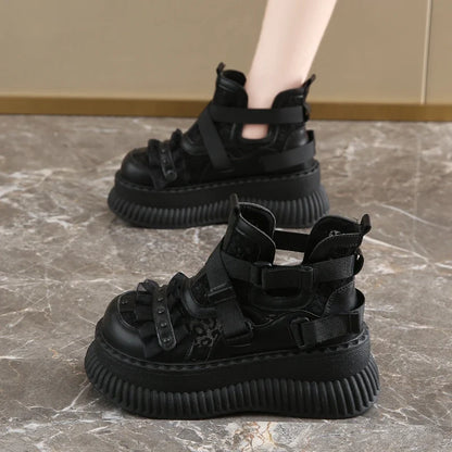 Lace Thick Bottom Sneaker Pumps Belt Buckle Elegant Fashion Comfortable Sexy Genuine Leather Women Shoes Round Toe New Hot Girls
