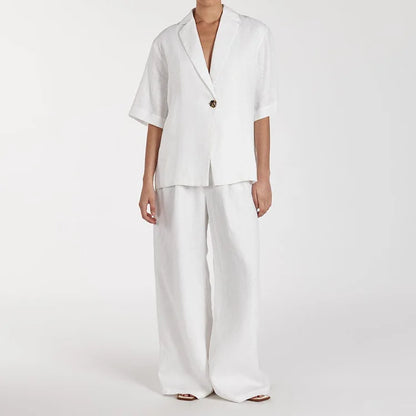 2026 New Cotton Turn-Down Collar Half-Sleeve Top Wide-Leg Pants Two-Piece Set Women, Simple And Fashionable Commuting Outfit For