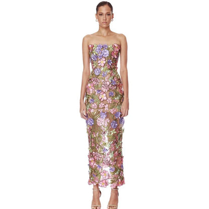 New Sexy Strapless Back Lace Up Dress for Women, Slim Fit and Simple Floral Embroidery Fabric Party Dress Long