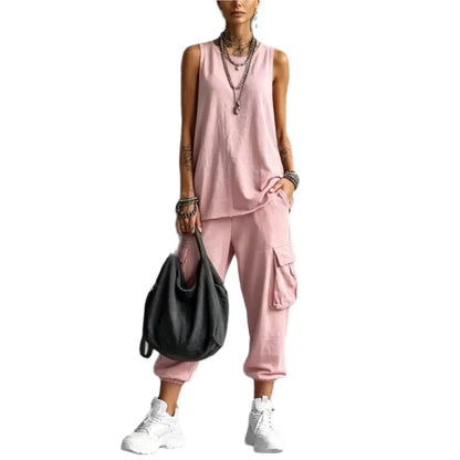 Solid Color Sports Two-piece Set Summer Fashion Sleeveless Top+wide Leg Pants Suit With Pockets Ladies O-neck Streetwear Outfit