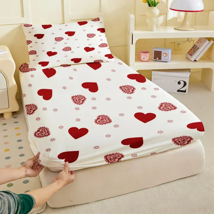 1pc Red Hearts Print Fitted Sheet Deep Pocket Elastic Mattress Cover